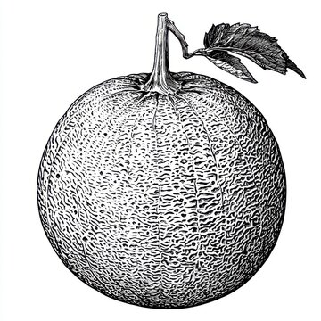 recommend clip art: Black and white Vintage engraved art of a cantaloupe isolated on white background, ink sketch illustration, simple vector art design, highly detailed line art, high contrasty.
