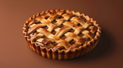 A golden brown pie with a lattice crust on a brown background.