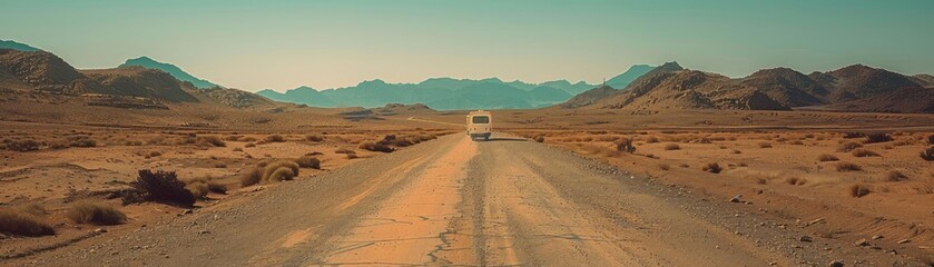 A scenic view of an empty desert road stretching towards distant mountains under a clear blue sky.
