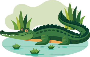 Obraz premium A cartoon crocodile lounges in a small pond among lush green foliage and water lilies.