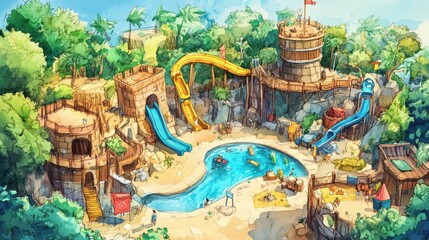 Fototapeta premium A vibrant water park scene featuring slides, a pool, and tropical greenery, perfect for summer fun and family adventures.