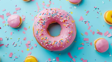A pink donut with sprinkles sits in the center of the frame surrounded by other donuts and sprinkles.