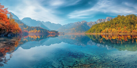 Mirror Lake and the surrounding forest at Jiuzhaigou National Park under season of fall