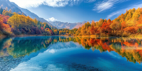 Fototapeta premium Mirror Lake and the surrounding forest at Jiuzhaigou National Park under season of fall