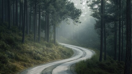 Obraz premium Winding Road Through a Misty Forest with Tall Pine Trees