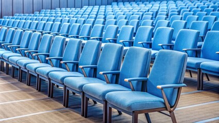 Naklejka premium Row of soft blue upholstered chairs await attendees in a vacant auditorium, ready for a conference, presentation, or corporate event, conveying organization and professionalism.