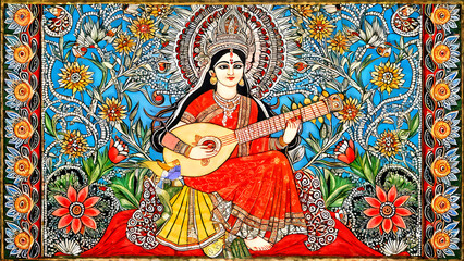 Fototapeta premium A calm picture of Goddess Saraswati, who stands for knowledge and wisdom, with traditional Indian Madhubani designs all around her