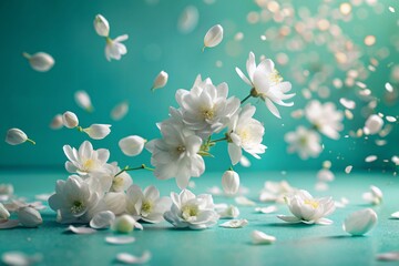 Delicate white flowers and petals gently cascade onto a vibrant turquoise backdrop, creating a serene and tranquil atmosphere in this dreamy, ethereal still life.