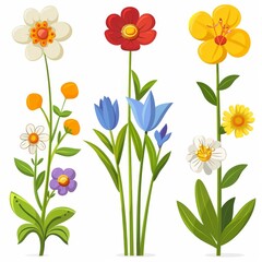 Collection of 2D and 3D Vector Flat Abstract Minimalistic Art of Flowers and Meadow Isolated on a White Background