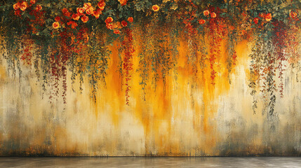 Elegant colorful with vibrant flower hanging branches illustration background. Bright color 3d abstraction wallpaper for interior mural