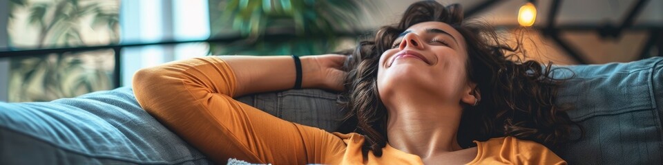 Naklejka premium Latin American Woman Relaxing on Couch at Home Smiling and Daydreaming