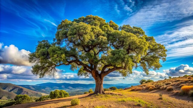 Majestic cork oak tree with rugged bark stands tall in the rolling hills of Sierra Madrona, Fuencaliente, Ciudad Real Province, Spain, under a bright blue sky.