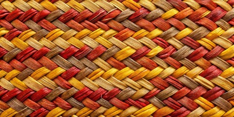 Natural earth-toned flax textile with a woven wicker pattern, featuring a warm blend of brown, red, and yellow hues, ideal for rustic texture backgrounds.