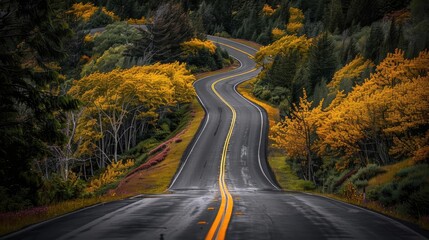 Fototapeta premium A winding road through vibrant autumn foliage, showcasing nature's beauty and serene travel in a picturesque landscape.