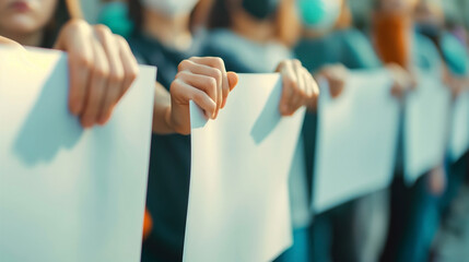 the hands of protesters holding blank political poster banners