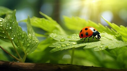 Obraz premium lovely ladybug on a background of defocused leaves
