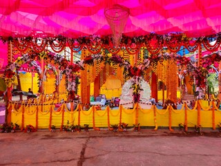 Havan kund puja near Hindu Temple. Square shaped Yajna Kunda ( Homa Kundm(sanskrit) or Agni Kundam).A yajna kunda or ritual pit for offerings to the sacred fire at a Hindu temple in Odisha,India