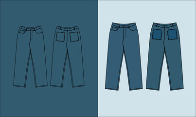set of jeans. jeans pants vector template in  illustration technical drawing. 