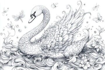 Naklejka premium A beautiful illustration of a graceful swan swimming, surrounded by delicate flowers and butterflies, showcasing elegance in nature.