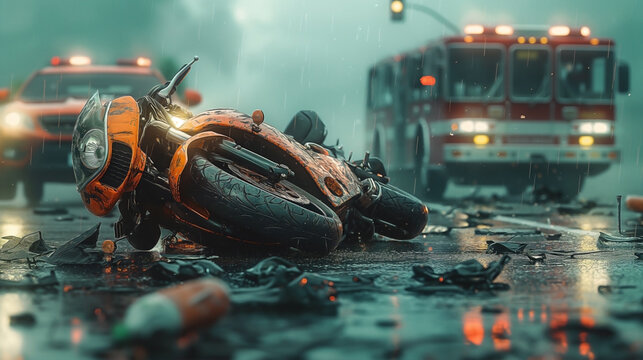 a devastating traffic collision, capturing the aftermath of a severe accident between a motorcycle and a car. 