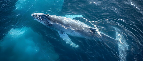 Fototapeta premium Aerial wide view over the Earth's South Pole Area of Photographs reflect the daily life in various poses of blue whale, humpback whale of Antarctica in groups of families or species societies