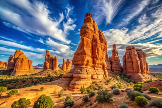 Tower-like sandstone formations, worn by erosion, stand sentinel amidst rust-hued terrain in Arches National Park, Utah, under a brilliant blue sky with wispy clouds.