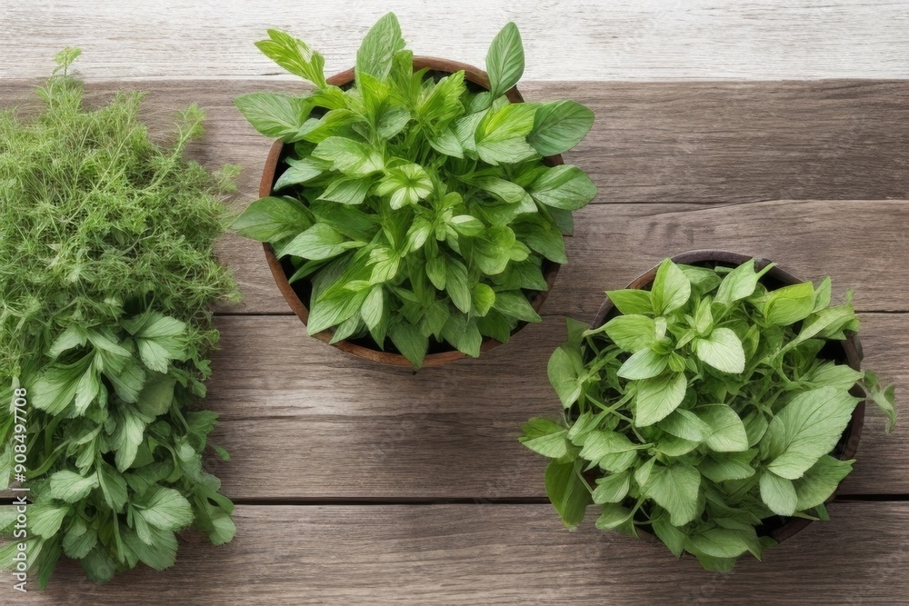 Wall mural flat-lay herbs on a wooden table