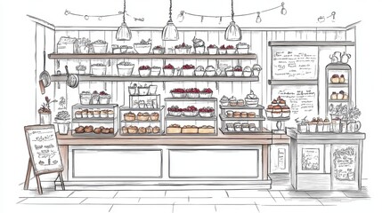 Charming bakery interior with shelves of delicious pastries and desserts, inviting atmosphere perfect for sweet indulgences.