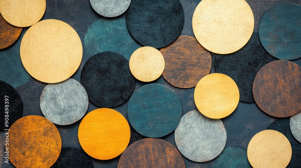 Poster colorful metallic circles form an intricate abstract pattern creating a striking visual effect