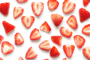 Strawberries Cut Into Pieces On White Background With Shadow For Design Solutions Created With Artificial Intelligence