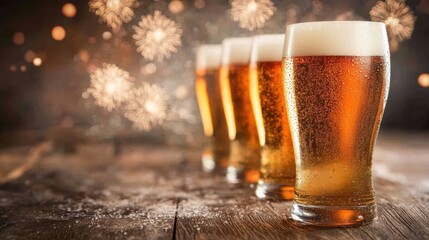 Cheers erupt as friends celebrate with cold beers and fireworks illuminating the night sky