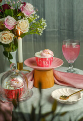 The cake and cup cakes served at a party table. Cake  stilllife photography