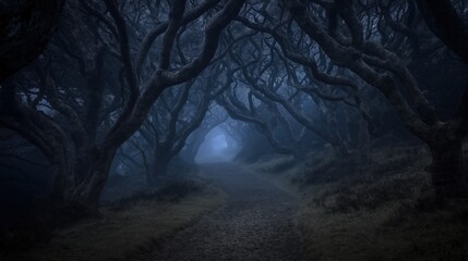 Fototapeta premium dark foggy forest path lined with gnarled trees and eerie shadows