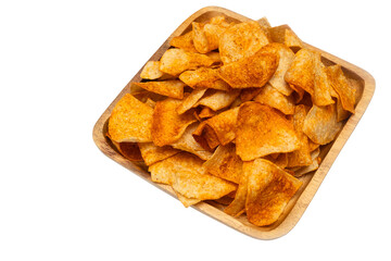 Grain crisp tortilla nacho chips serving on wooden plate. isolated on white background. Mexican traditional food.