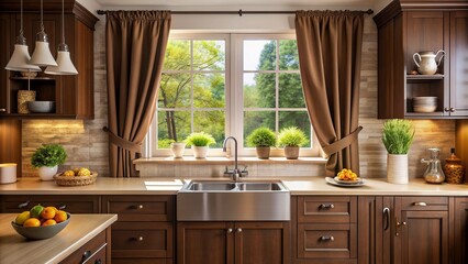 Warm chocolate-colored cotton curtains adorn a kitchen window, filtering soft daylight and adding a cozy touch to the inviting culinary space.