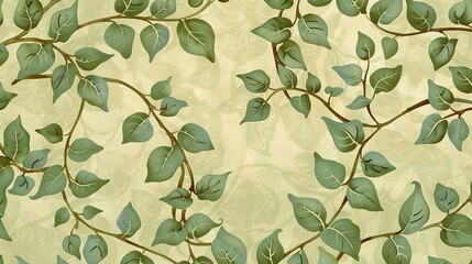 A seamless pattern of green leaves and vines on a beige background.