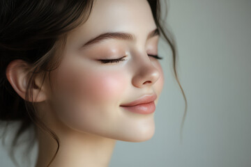 A close up of a girl's face with her eyes closed