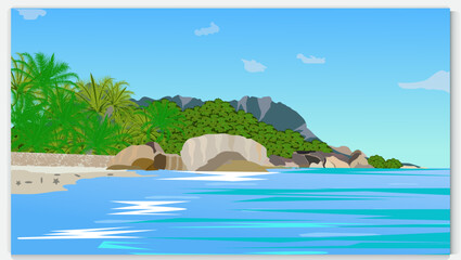 Mountain , Blue Sky reflecting on a lake water  beautiful landscape background , vector design illustration . Landscape, Illustrated with Hills or Mountains, Lake Water,, Blue Background. Nature