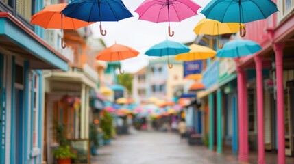 Bright umbrellas float above a lively street, bringing color and charm to a rainy day in a picturesque town