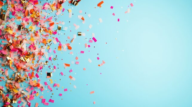 Colorful confetti cascades across a bright blue background, creating a cheerful and festive atmosphere