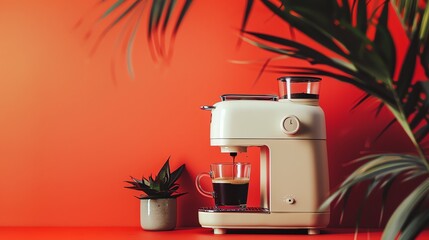A coffee maker making a cup of coffee on a red countertop.