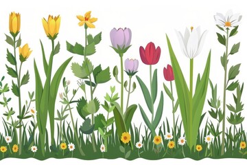 Collection of 2D and 3D Vector Flat Abstract Minimalistic Art of Flowers and Meadow Isolated on a White Background