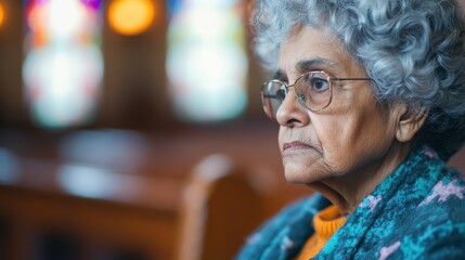 Obraz premium An elderly woman reflects quietly in church, illuminated by vibrant stained glass light