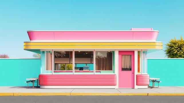 Googie architecture, futuristic style, focus on, mid-20th century, vibrant, composite, roadside diner