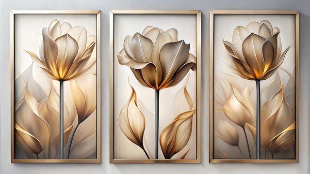 Set of three vertical poster abstract smokey tulip shape art panels