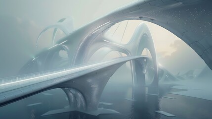 Futuristic Bridge with a unique design in a misty atmosphere with an abstract background.