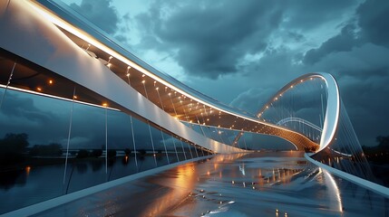 Modern Bridge with a futuristic design illuminated by lights at night. The curve of the bridge and the reflection of the sky and clouds create a mesmerizing view.