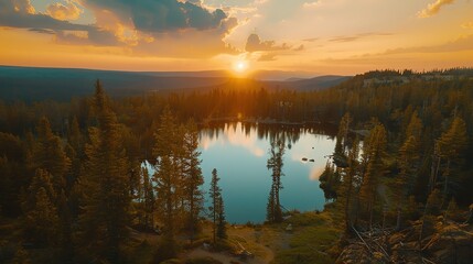 A beautiful sunset over a lake in the forest.
