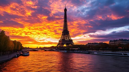 Obraz premium Eiffel Tower at Sunset: The Eiffel Tower silhouetted against a vibrant sunset sky, with the Seine River in the foreground. 