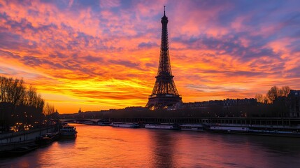 Obraz premium Eiffel Tower at Sunset: The Eiffel Tower silhouetted against a vibrant sunset sky, with the Seine River in the foreground. 
